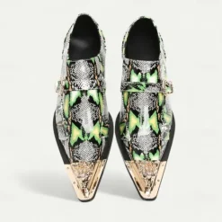 New OUKU Men's Green Snake Print Leather Slip-On Loafers with Metal Buckle and Decorative Toe Cap - Premium Cowhide Exotic Style Dress Shoes for Parties and Formal Events Black Green