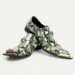 New OUKU Men's Green Snake Print Leather Slip-On Loafers with Metal Buckle and Decorative Toe Cap - Premium Cowhide Exotic Style Dress Shoes for Parties and Formal Events Black Green