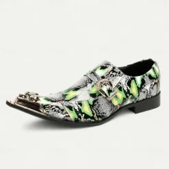 New OUKU Men's Green Snake Print Leather Slip-On Loafers with Metal Buckle and Decorative Toe Cap - Premium Cowhide Exotic Style Dress Shoes for Parties and Formal Events Black Green