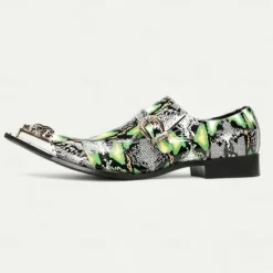 New OUKU Men's Green Snake Print Leather Slip-On Loafers with Metal Buckle and Decorative Toe Cap - Premium Cowhide Exotic Style Dress Shoes for Parties and Formal Events Black Green