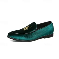 OUKU Men's Green Velvet Loafers with Gold Embroidery – Luxurious Slip-On Shoes for Formal Events and Weddings