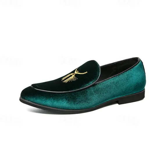 OUKU Men's Green Velvet Loafers with Gold Embroidery – Luxurious Slip-On Shoes for Formal Events and Weddings