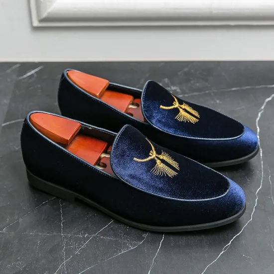 OUKU Men's Green Velvet Loafers with Gold Embroidery – Luxurious Slip-On Shoes for Formal Events and Weddings