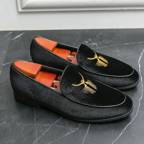OUKU Men's Green Velvet Loafers with Gold Embroidery – Luxurious Slip-On Shoes for Formal Events and Weddings