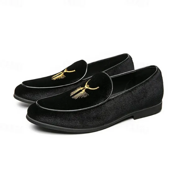 OUKU Men's Green Velvet Loafers with Gold Embroidery – Luxurious Slip-On Shoes for Formal Events and Weddings