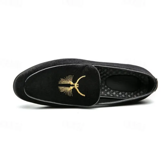 OUKU Men's Green Velvet Loafers with Gold Embroidery – Luxurious Slip-On Shoes for Formal Events and Weddings