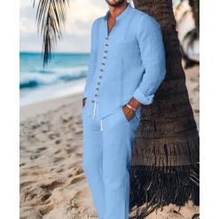 Outlet OUKU Men's Guayabera Shirt 2 Piece Shirt Set Matching Sets Casual Shirt Plain Vacation Going out Black White Light Blue Long Sleeve Standing Collar Spring & Summer Clothing Apparel Front Pocket