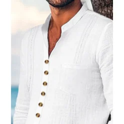 Outlet OUKU Men's Guayabera Shirt 2 Piece Shirt Set Matching Sets Casual Shirt Plain Vacation Going out Black White Light Blue Long Sleeve Standing Collar Spring & Summer Clothing Apparel Front Pocket
