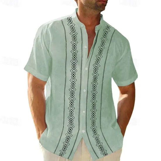 Clearance OUKU Men's Guayabera Shirt Summer Shirt Casual Shirt Button Up Shirt Black White Blue Green Gray Short Sleeve Boho Paisley Damask Solid / Plain Color Grandad Collar Band Collar Vacation Hawaiian Clothing