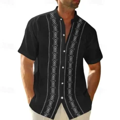 Clearance OUKU Men's Guayabera Shirt Summer Shirt Casual Shirt Button Up Shirt Black White Blue Green Gray Short Sleeve Boho Paisley Damask Solid / Plain Color Grandad Collar Band Collar Vacation Hawaiian Clothing