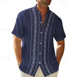 Clearance OUKU Men's Guayabera Shirt Summer Shirt Casual Shirt Button Up Shirt Black White Blue Green Gray Short Sleeve Boho Paisley Damask Solid / Plain Color Grandad Collar Band Collar Vacation Hawaiian Clothing