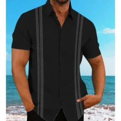 Sale OUKU Men's Guayabera Shirt Summer Shirt Casual Shirt Button Up Shirt Black White Dark Navy Short Sleeve Pattern Solid / Plain Color Lapel Vacation Hawaiian Clothing Apparel Polyester Fashion Casual