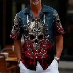 Clearance OUKU Men's Guitar Death Halloween Costumes Shirt Cuban Collar Shirt Button Up Shirt Short Sleeve Dark Punk Gothic Style Vacation Holiday Streetwear Summer Camp Collar Shirt 3D Print Blue Dark Blue