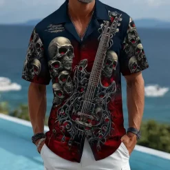 Clearance OUKU Men's Guitar Death Halloween Costumes Shirt Cuban Collar Shirt Button Up Shirt Short Sleeve Dark Punk Gothic Style Vacation Holiday Streetwear Summer Camp Collar Shirt 3D Print Blue Dark Blue