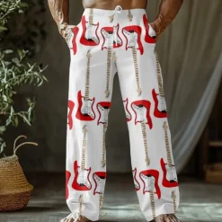 Sale OUKU Men's Guitar Musical Instrument Trousers Baggy Pants Casual Pants Mid Waist Retro Vintage Outdoor Vacation Side Pockets Elastic Waist Wide Leg Summer Spring 3D Print Black White Blue