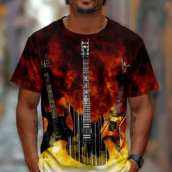 Best OUKU Men's Guitar T Shirt Short Sleeve T shirt 3D Print Crew Neck Shirt Fashion Street Summer Spring Clothing Apparel S M L XL XXL XXXL Red