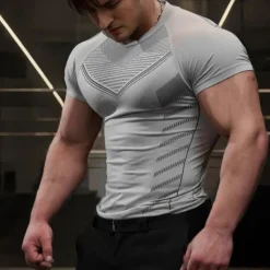 Online OUKU Men's Gym Shirt Sports T-Shirt Crew Neck Short Sleeve Sports & Outdoor Fitness Cycling / Bike Gym Soft Quick Dry Plain Silver Black Activewear Fashion Sport