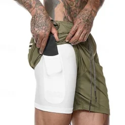 Sale OUKU Men's Gym Shorts Sports Fitness Running Casual Drawstring Compression Liner Elastic Waist Plain Knee Length Gymnatics Activewear Black White Micro-elastic