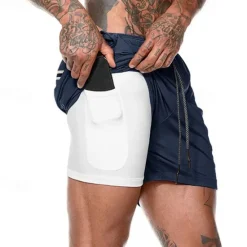 Sale OUKU Men's Gym Shorts Sports Fitness Running Casual Drawstring Compression Liner Elastic Waist Plain Knee Length Gymnatics Activewear Black White Micro-elastic