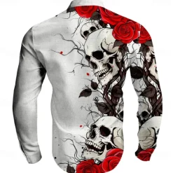 Discount OUKU Men's Halloween Costumes Day of the Dead Rose Button Up Shirt Long Sleeve Horror Dark Vacation Party Evening Wear Daily Summer Spring & Fall Grandad Collar Band Collar 3D Print Rose+Black Violet Red