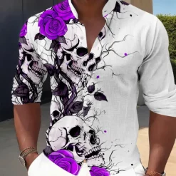 Discount OUKU Men's Halloween Costumes Day of the Dead Rose Button Up Shirt Long Sleeve Horror Dark Vacation Party Evening Wear Daily Summer Spring & Fall Grandad Collar Band Collar 3D Print Rose+Black Violet Red