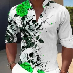 Discount OUKU Men's Halloween Costumes Day of the Dead Rose Button Up Shirt Long Sleeve Horror Dark Vacation Party Evening Wear Daily Summer Spring & Fall Grandad Collar Band Collar 3D Print Rose+Black Violet Red