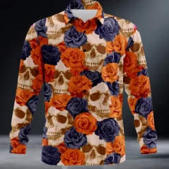 Hot OUKU Men's Halloween Costumes Day of the Dead Shirt Button Up Shirt Long Sleeve Dark Punk Gothic Style Outdoor Holiday Summer Spring Turndown 3D Print Collared Shirts Orange red Purple Orange