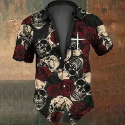 Discount OUKU Men's Halloween Costumes Day of the Dead Skulls Shirt Button Up Shirt Short Sleeve Dark Punk Gothic Style Holiday Summer Spring Turndown 3D Print Collared Shirts Black 1 Black Black 2