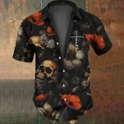 Discount OUKU Men's Halloween Costumes Day of the Dead Skulls Shirt Button Up Shirt Short Sleeve Dark Punk Gothic Style Holiday Summer Spring Turndown 3D Print Collared Shirts Black 1 Black Black 2