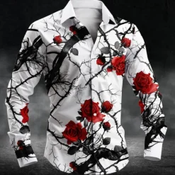 Clearance OUKU Men's Halloween Costumes Day of the Dead Rose Button Up Shirt Long Sleeve Fashion Casual Party Evening Wear Daily Fall Winter Spring & Summer Shirt Collar Button Up 3D Print White