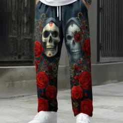 Clearance OUKU Men's Halloween Costumes Day of the Dead Trousers Baggy Pants Casual Pants Mid Waist Dark Punk Gothic Style Holiday Elastic Drawstring Waist Linen-Like Pants with Pockets Spring Fall 3D Print Dark