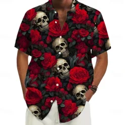 Best OUKU Men's Halloween Costumes Day of the Dead Rose Shirt Summer Shirt Button Up Shirt Short Sleeve Dark Punk Gothic Style Holiday Streetwear Summer Turndown 3D Print Front One Pocket Linen Like Shirt Black