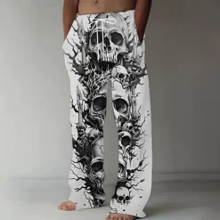Best OUKU Men's Halloween Costumes Skulls Trousers Baggy Pants Casual Pants Mid Waist Dark Gothic Style Holiday Streetwear Elastic Drawstring Waist Linen-Like Pants with Pockets Summer Spring 3D Print Black 1