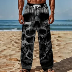 Best OUKU Men's Halloween Costumes Skulls Trousers Baggy Pants Casual Pants Mid Waist Dark Gothic Style Holiday Streetwear Elastic Drawstring Waist Linen-Like Pants with Pockets Summer Spring 3D Print Black 1