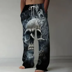 Best OUKU Men's Halloween Costumes Skulls Trousers Baggy Pants Casual Pants Mid Waist Dark Gothic Style Holiday Streetwear Elastic Drawstring Waist Linen-Like Pants with Pockets Summer Spring 3D Print Black