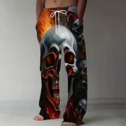 Best OUKU Men's Halloween Costumes Skulls Trousers Baggy Pants Casual Pants Mid Waist Dark Gothic Style Holiday Streetwear Elastic Drawstring Waist Linen-Like Pants with Pockets Summer Spring 3D Print Black