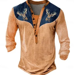 Online OUKU Men's Halloween Deer Henley Shirt Long Sleeve 3D Print Daily Ethnic Party Street Casual Winter Spring & Fall Blue Orange Gray Henley Henley T-Shirt