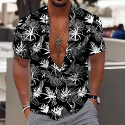 Sale OUKU Men's Hawaiian Aloha Leaves Shirt Summer Shirt Summer Hawaiian Shirt Short Sleeve Fashion Designer Casual Outdoor Casual Holiday Summer Spring Turndown Print Button-Down Black-White Black Purple