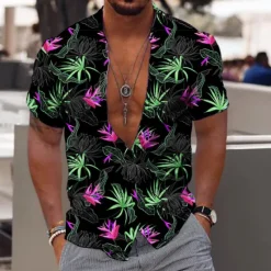 Sale OUKU Men's Hawaiian Aloha Leaves Shirt Summer Shirt Summer Hawaiian Shirt Short Sleeve Fashion Designer Casual Outdoor Casual Holiday Summer Spring Turndown Print Button-Down Black-White Black Purple