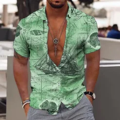 New OUKU Men's Hawaiian Aloha Nautical Shirt Summer Shirt Summer Hawaiian Shirt Short Sleeve Fashion Designer Casual Outdoor Casual Holiday Summer Spring Turndown Print Button-Down Red Blue Green Khaki Gray