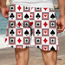 Hot OUKU Men's Heart Poker Swim Trunks Swim Shorts Board Shorts Mid Waist Vacation Hawaiian Holiday Vacation Holiday Beach Drawstring with Mesh lining Elastic Waist Designer Clothing Apparel