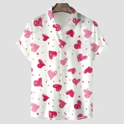 New OUKU Men's Heart Shirt Button Up Shirt Short Sleeve Tropical Fashion Hawaiian Casual Holiday Beach Summer Spring Turndown Print Button-Down Black White Wine Red Rainbow