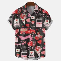 New OUKU Men's Heart Shirt Button Up Shirt Short Sleeve Tropical Fashion Hawaiian Casual Holiday Beach Summer Spring Turndown Print Button-Down Black White Wine Red Rainbow