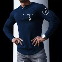 Discount OUKU Men's Henley Shirt Cool Shirt Long Sleeve Shirt Long Sleeve Henley Spring & Fall Letter Graphic Prints Designer Basic Casual Street Sports Holiday Black White Blue Top Tee for Men