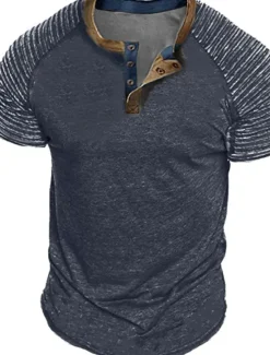 Online OUKU Men's Henley Shirt Plain Slim Pleated Henley Street Vacation Short Sleeves Pleated Sleeve Clothing Apparel Designer Basic Modern Contemporary