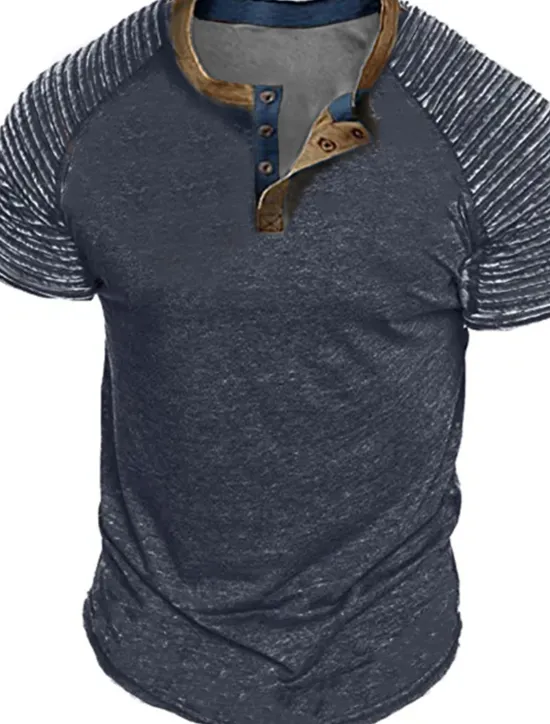 Online OUKU Men's Henley Shirt Plain Slim Pleated Henley Street Vacation Short Sleeves Pleated Sleeve Clothing Apparel Designer Basic Modern Contemporary