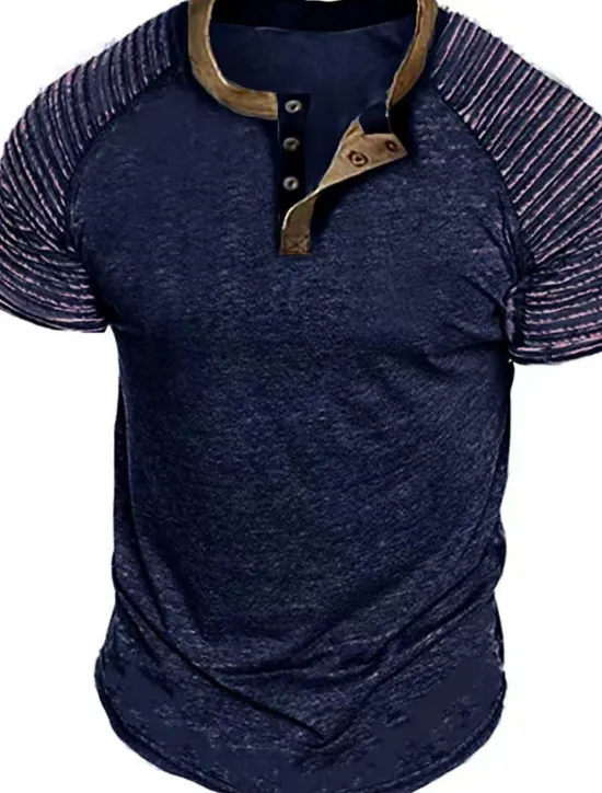 Online OUKU Men's Henley Shirt Plain Slim Pleated Henley Street Vacation Short Sleeves Pleated Sleeve Clothing Apparel Designer Basic Modern Contemporary