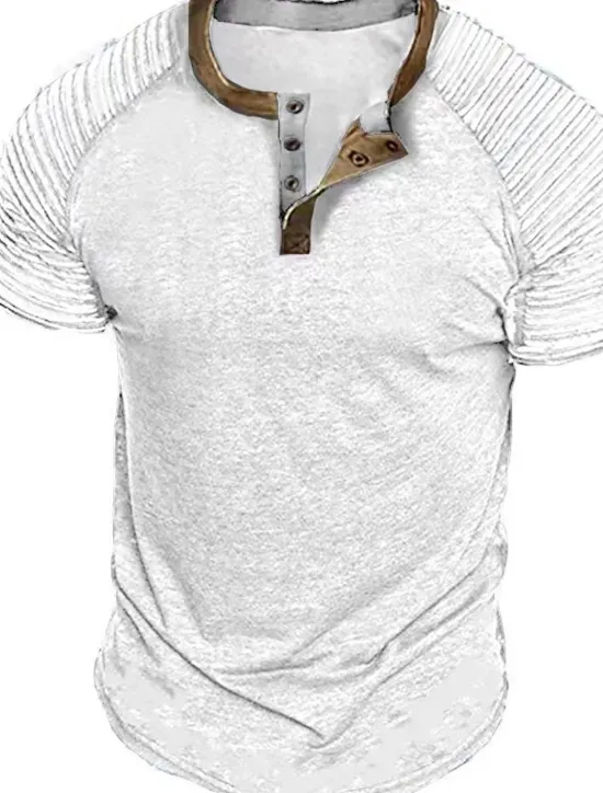 Online OUKU Men's Henley Shirt Plain Slim Pleated Henley Street Vacation Short Sleeves Pleated Sleeve Clothing Apparel Designer Basic Modern Contemporary