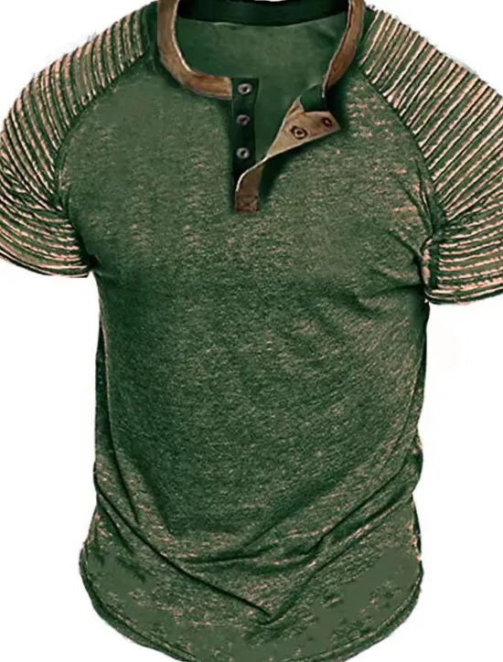 Online OUKU Men's Henley Shirt Plain Slim Pleated Henley Street Vacation Short Sleeves Pleated Sleeve Clothing Apparel Designer Basic Modern Contemporary