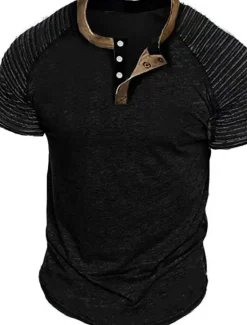 Online OUKU Men's Henley Shirt Plain Slim Pleated Henley Street Vacation Short Sleeves Pleated Sleeve Clothing Apparel Designer Basic Modern Contemporary